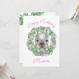 Invitación cachorro de bulldog francés con corona de flores