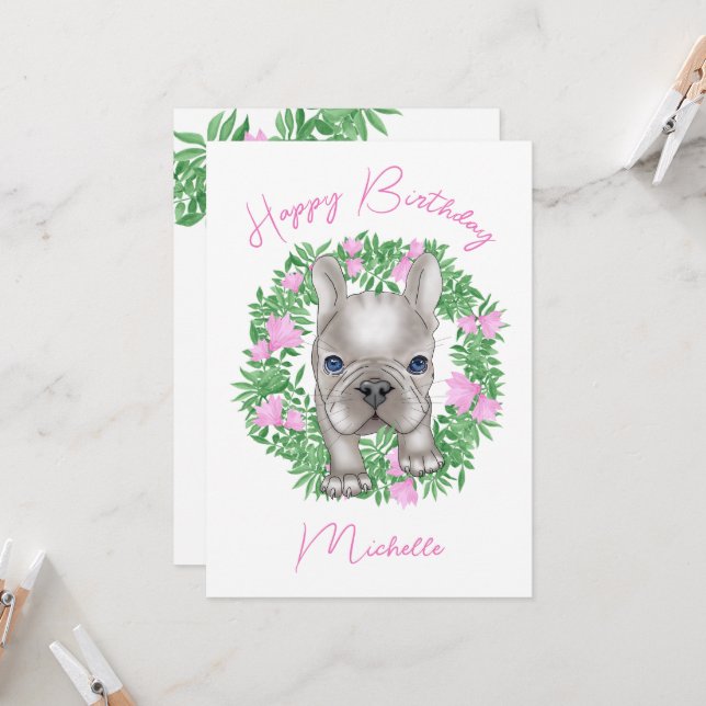 Invitación cachorro de bulldog francés con flor (Anverso/Reverso In Situ)