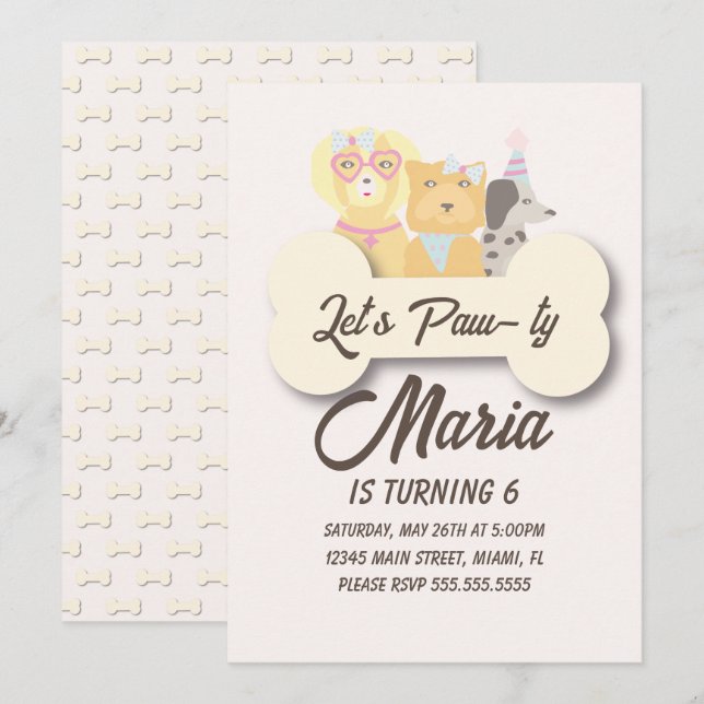 Invitación Cachorro de cumpleaños paw ty Fiesta Dog tema (Anverso / Reverso)