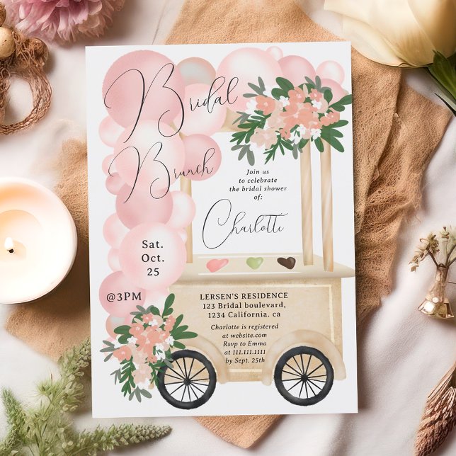 Invitación Cachorro de helado lindo globo rosa ducha de novia (Cute ice cream cart pink balloons bridal shower invitation)
