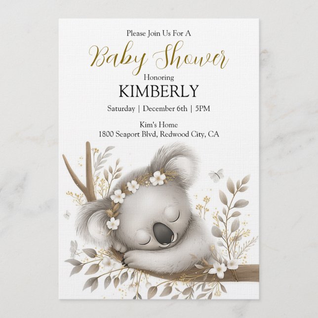Invitación Cachorro de Koala Durmiendo (Anverso)