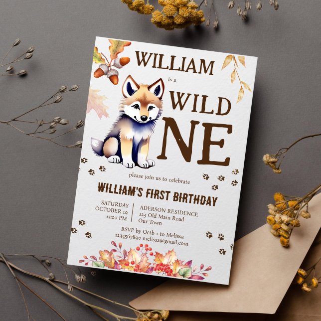 Invitación Cachorro de lobo salvaje de un bosque fiesta de cu (Wild one cute wolf cub wolf themed birthday party template invitation instant download fall winter)