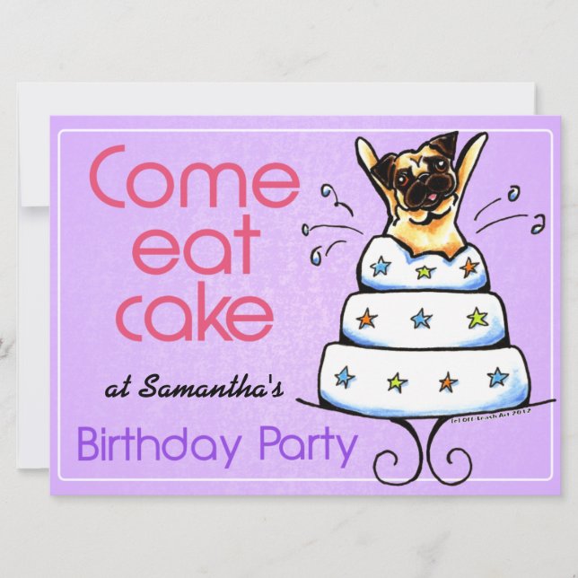 Invitación Cachorro de pájaro Pug Cake Chica de fuera de líne (Anverso)