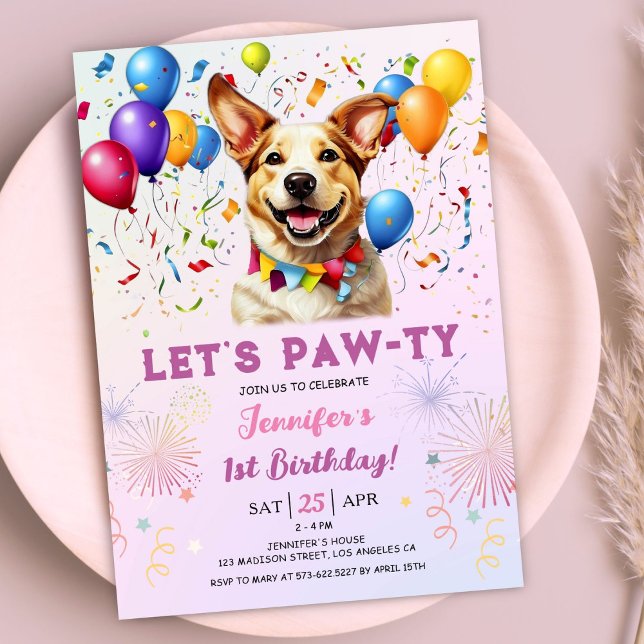 Invitación Cachorro deja a Pawty Birthday Chica del primer cu (Subido por el creador)