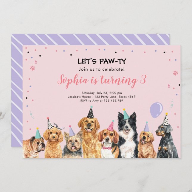 Invitación Cachorro Fiesta Perro Pawty Pink (Anverso / Reverso)
