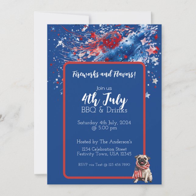 Invitación cachorro rojo azul blanco 4 de julio (Anverso)