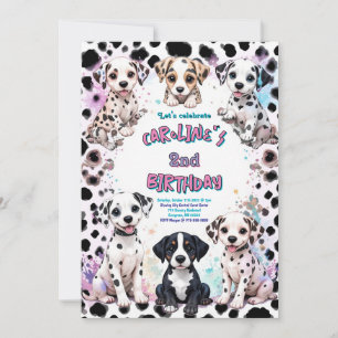 Invitación Cachorros dálmatas rosados Cumpleaños púrpura