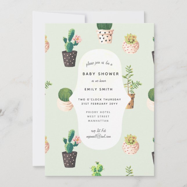 Invitación Cacti Baby Shower invita a sucultores de acuarela (Anverso)