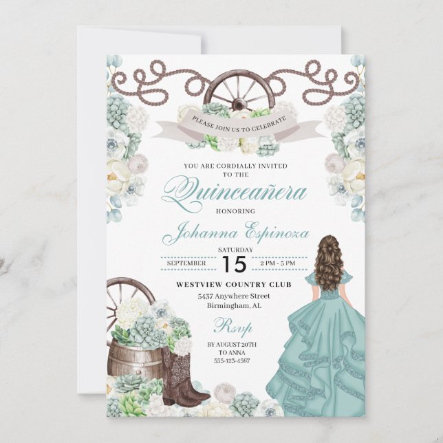 Invitación Cacti Blanco Verde Western Boots Charra Quinceañer (Anverso)