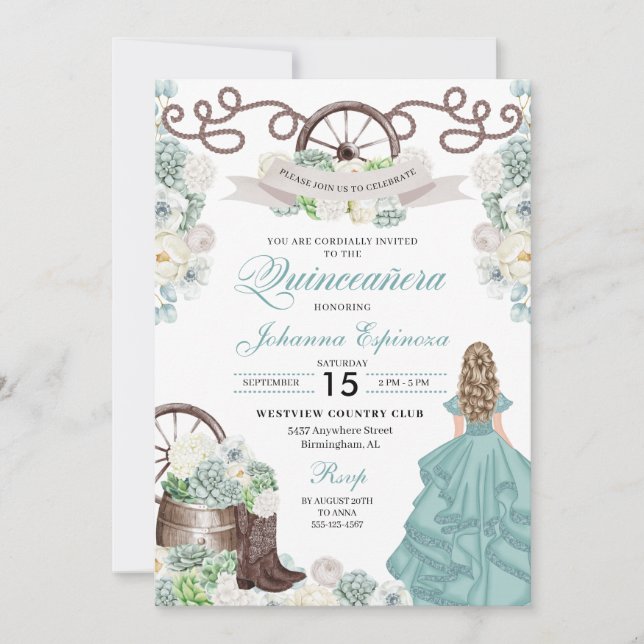 Invitación Cacti Blanco Verde Western Boots Charra Quinceañer (Anverso)