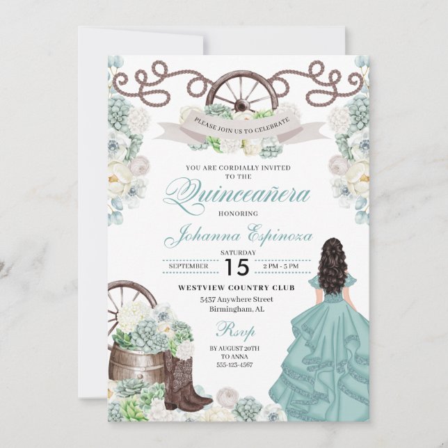 Invitación Cacti Blanco Verde Western Boots Charra Quinceañer (Anverso)