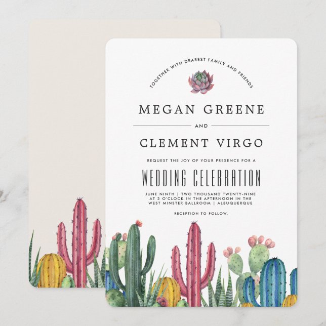 Invitación Cacti colorido | Boda temática del desierto (Anverso / Reverso)