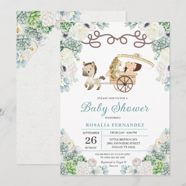 Invitación Cacti Floral Mexicana Niña Charra Baby Shower (Anverso / Reverso)