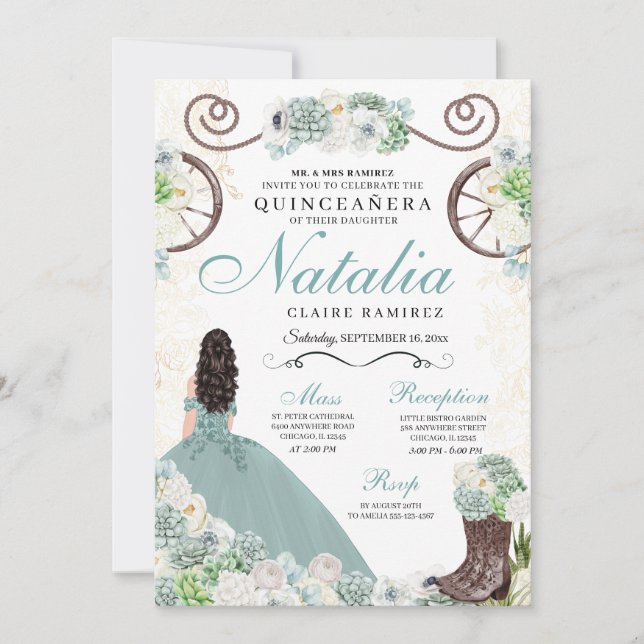 Invitación Cacti Floral Mint Green Western Charra Quinceanera (Anverso)