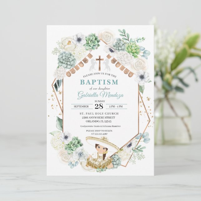 Invitación Cacti Floral Niña Mexicana Charra Baptismo (Anverso de pie)