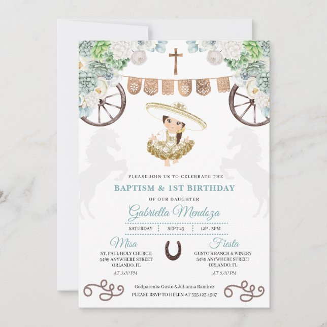 Invitación Cacti Floral Niña Mexicana Charra Baptismo (Anverso)