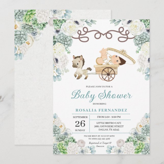 Invitación Cacti Floral Niño Charro Baby Shower (Anverso / Reverso)