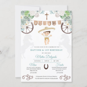 Invitación Cacti Floral Niño Mexicano Charro Baptismo