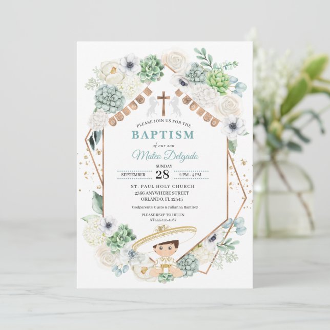 Invitación Cacti Floral Niño Mexicano Charro Baptismo (Anverso de pie)