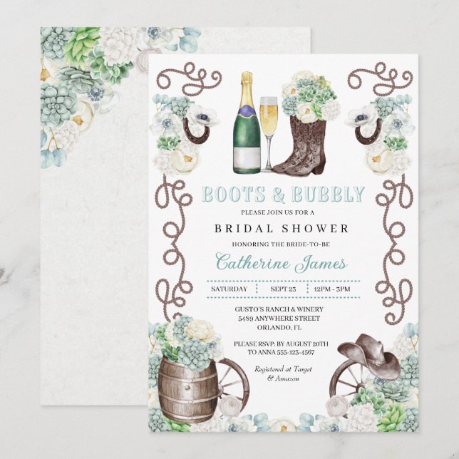 Invitación Cacti Floral Western Boots & Bubbly Brillain Showe (Anverso / Reverso)