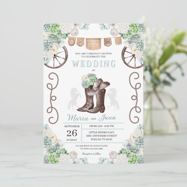 Invitación Cacti Floral Western Cowboy Boots Boda (Anverso de pie)