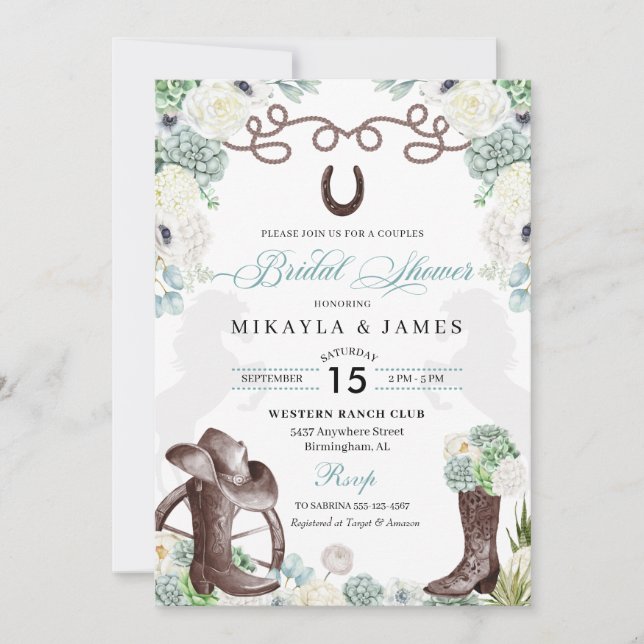 Invitación Cacti Floral Western Cowboy Boots Brilla Ducha (Anverso)