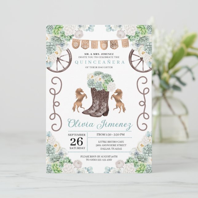 Invitación Cacti Floral Western Cowgirl Boots Quinceanera (Anverso de pie)