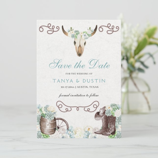 Invitación Cacti Floral Western Rustic Skull Ahorra La Fecha  (Anverso de pie)