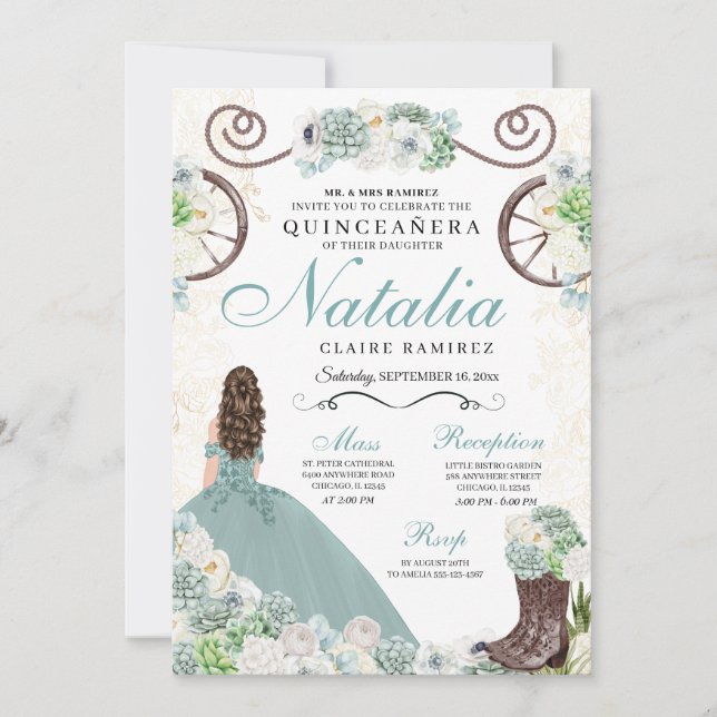Invitación Cacti Mint Floral Verde Charra Occidental Quincean (Anverso)