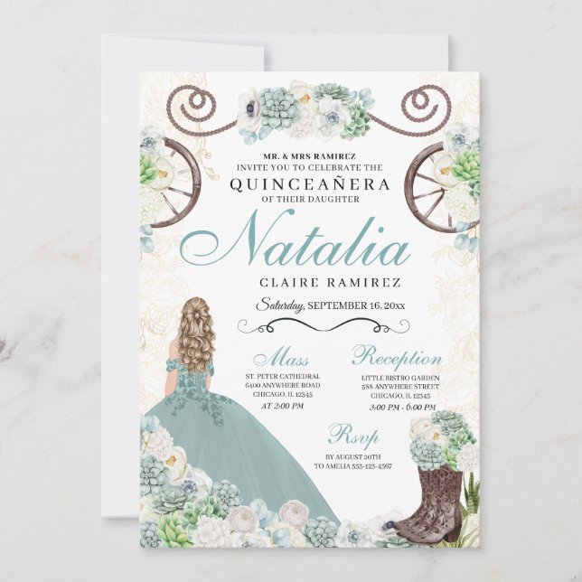 Invitación Cacti Mint Floral Verde Charra Occidental Quincean (Anverso)