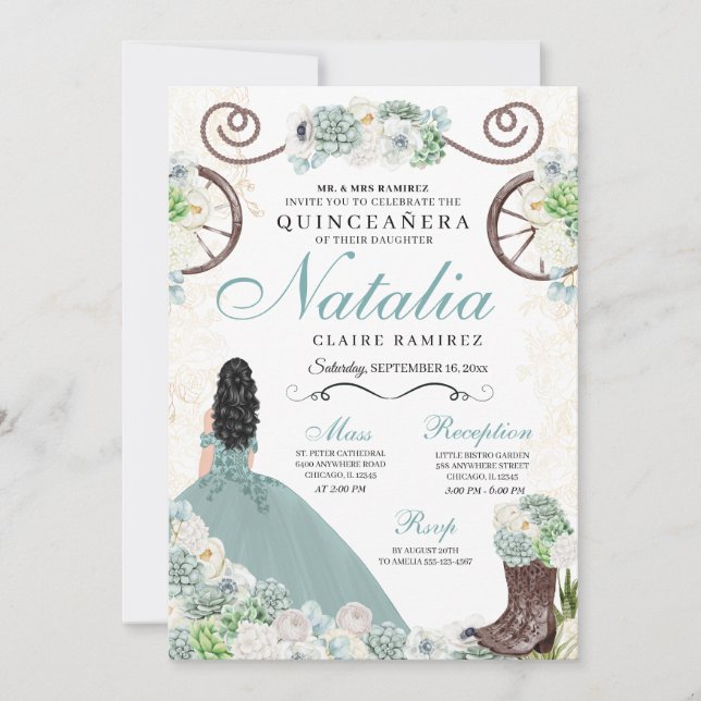 Invitación Cacti Mint Floral Verde Charra Occidental Quincean (Anverso)