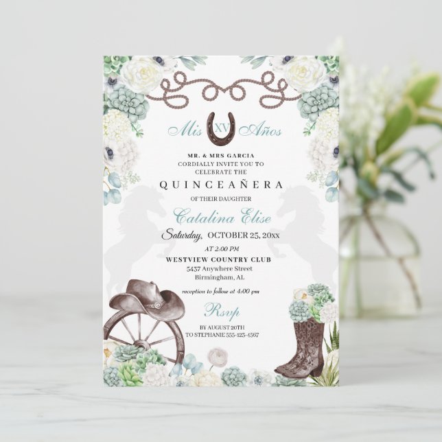Invitación Cacti Occidental Horseshoe Charra Quinceanera (Anverso de pie)