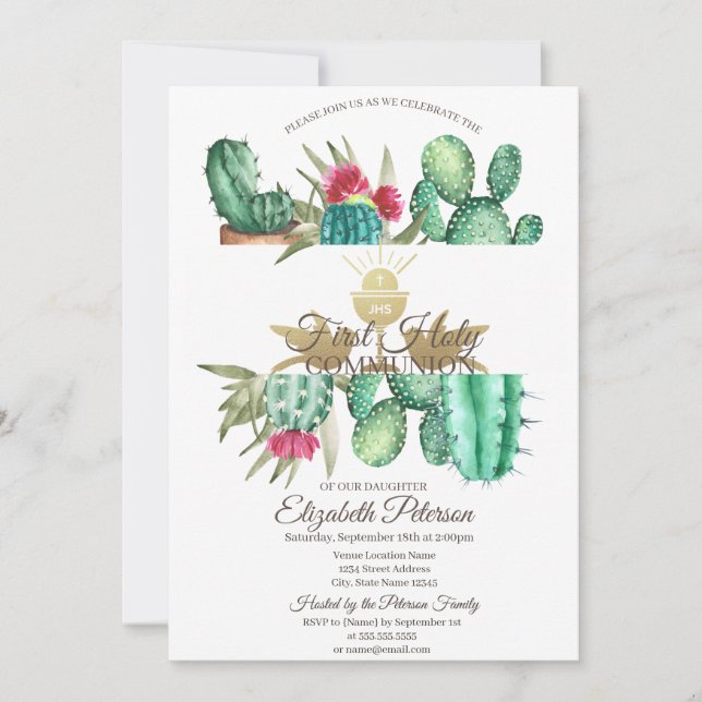 Invitación Cactus acuarela Primera Comunión   (Anverso)