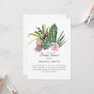 Invitación Cactus acuarela rosa floral boda de shower blanco