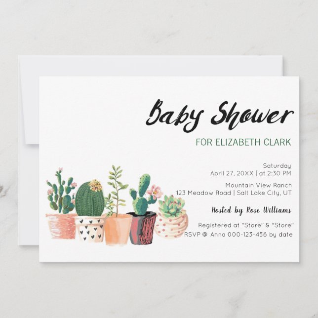 Invitación Cactus acuarela y Baby Shower de postes suculentos (Anverso)