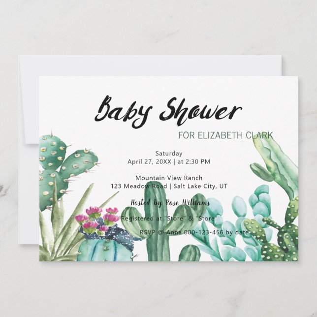 Invitación Cactus acuarela y Baby Shower exitoso  (Anverso)