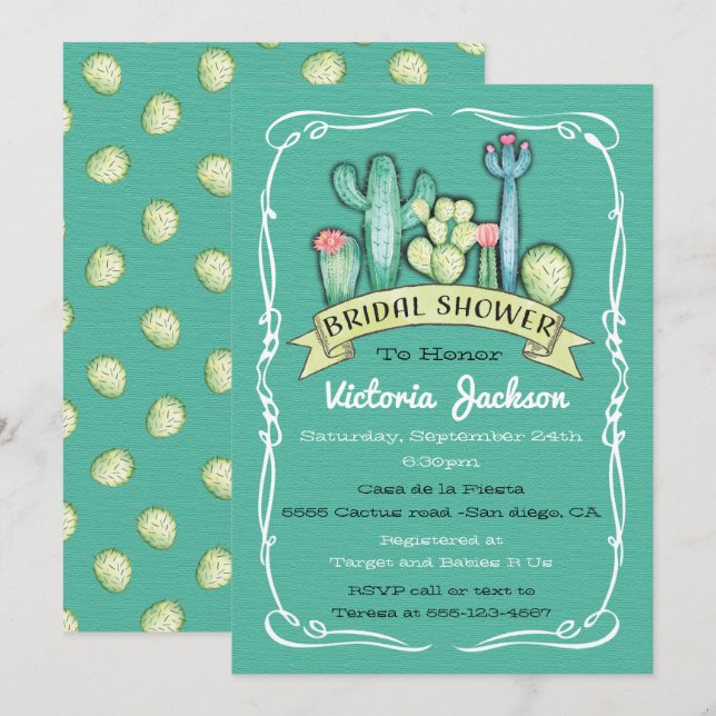 Invitación Cactus acuarela y Suculenta Ducha Bridal (Anverso / Reverso)