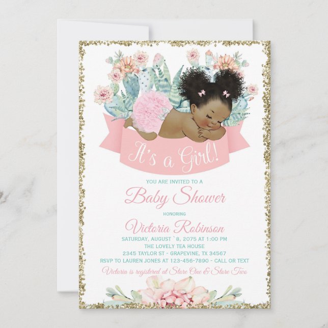 Invitación Cactus African American Afro Chica Baby Shower (Anverso)