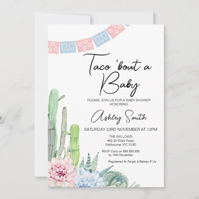 Invitación Cactus azul rosado Taco sobre un bebé Baby Shower (Anverso)