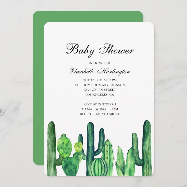 Invitación Cactus baby ducha invitación. Cacti verde. Moderno (Anverso / Reverso)