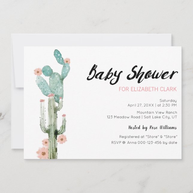 Invitación Cactus Baby Shower de acuarela (Anverso)