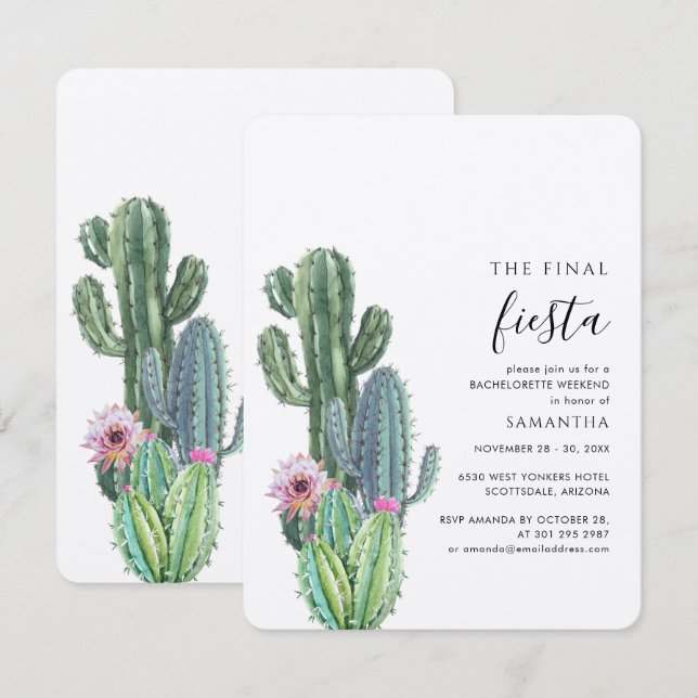 Invitación Cactus Bachelorette Weekend Fiesta Con Itinerario (Anverso / Reverso)