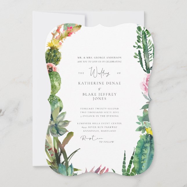 Invitación Cactus Blanco Elegante Corchete de Padres de Novia (Anverso)