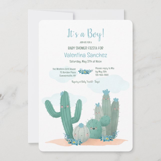 Invitación Cactus Blooms Blue Baby Shower (Anverso)