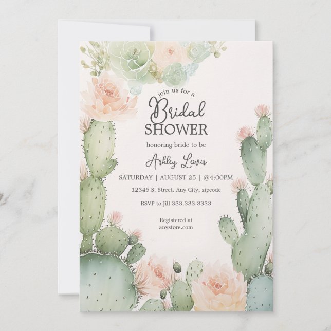 Invitación Cactus Bodas Boho Flores Verde (Anverso)