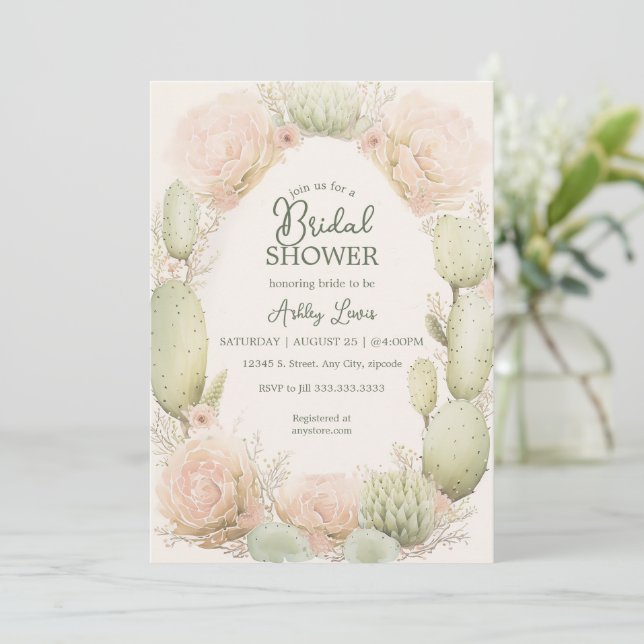 Invitación Cactus bohemio, Desayuno de novia, Cactus flor (Anverso de pie)