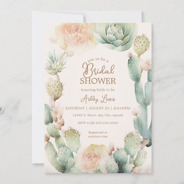Invitación Cactus Boho floral Desierto Verde Neutral (Anverso)