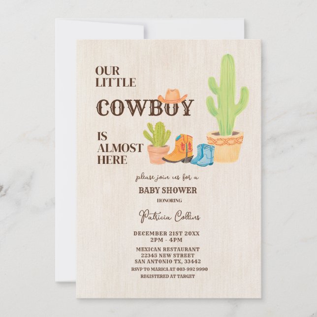 Invitación Cactus Boot Our Little Cowboy Rodeo Baby Shower (Anverso)