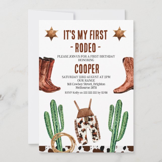 Invitación Cactus Boots Mi primer rodeo Cumpleaños (Anverso)