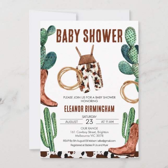 Invitación Cactus Boots Rodeo Cowboy Baby Shower (Anverso)